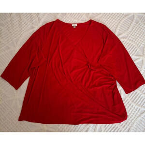 Avenue Women's Plus Size 26/28 Faux Wrap 3/4‎ Sleeve Top Red V-Neck Side Ruched